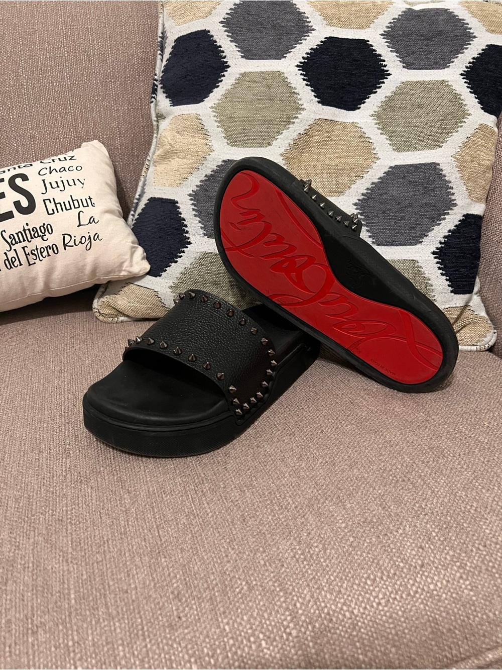Christian Louboutin Black Studded Leather Pool Slide Sandals EU 40 unisex
